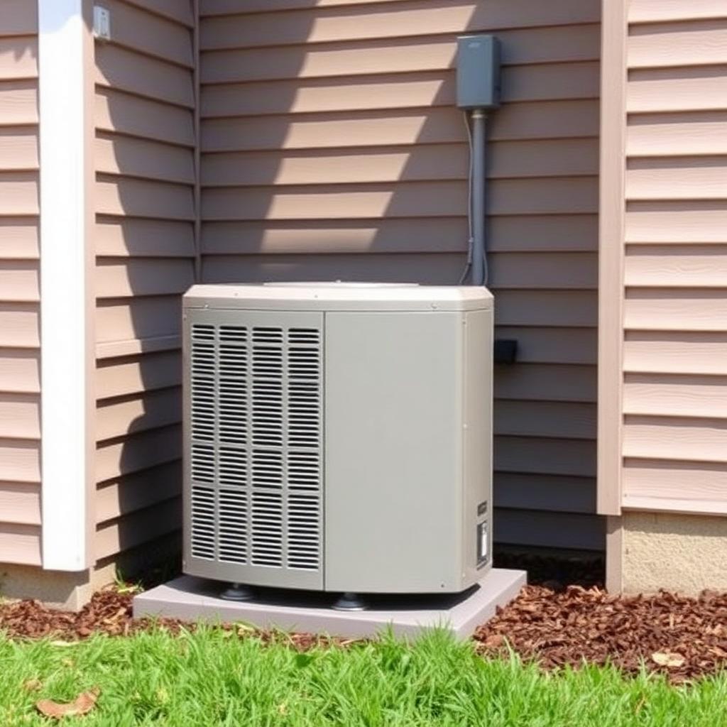 Outdoor residential air conditioner condenser unit on a pad beside vinyl siding and mulch