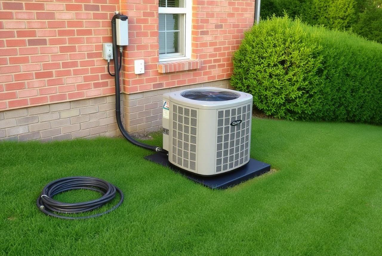 Outdoor air conditioning condenser beside a brick house on a sloped lawn with a hedge behind it