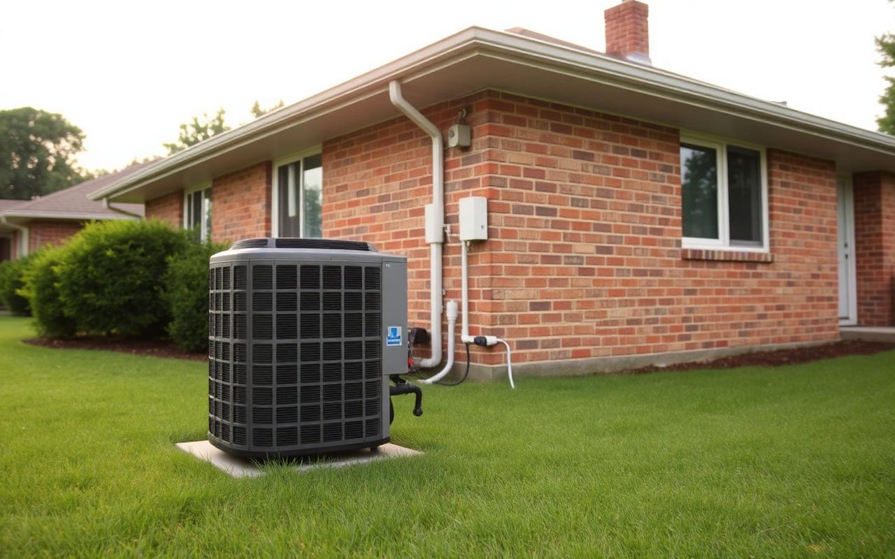 Outdoor air conditioning condenser unit on a pad beside a brick ranch house on a humid summer day