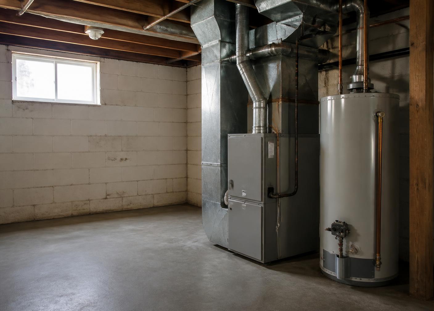 Furnace and water heater installed side by side in an older basement utility room with exposed ductwork overhead