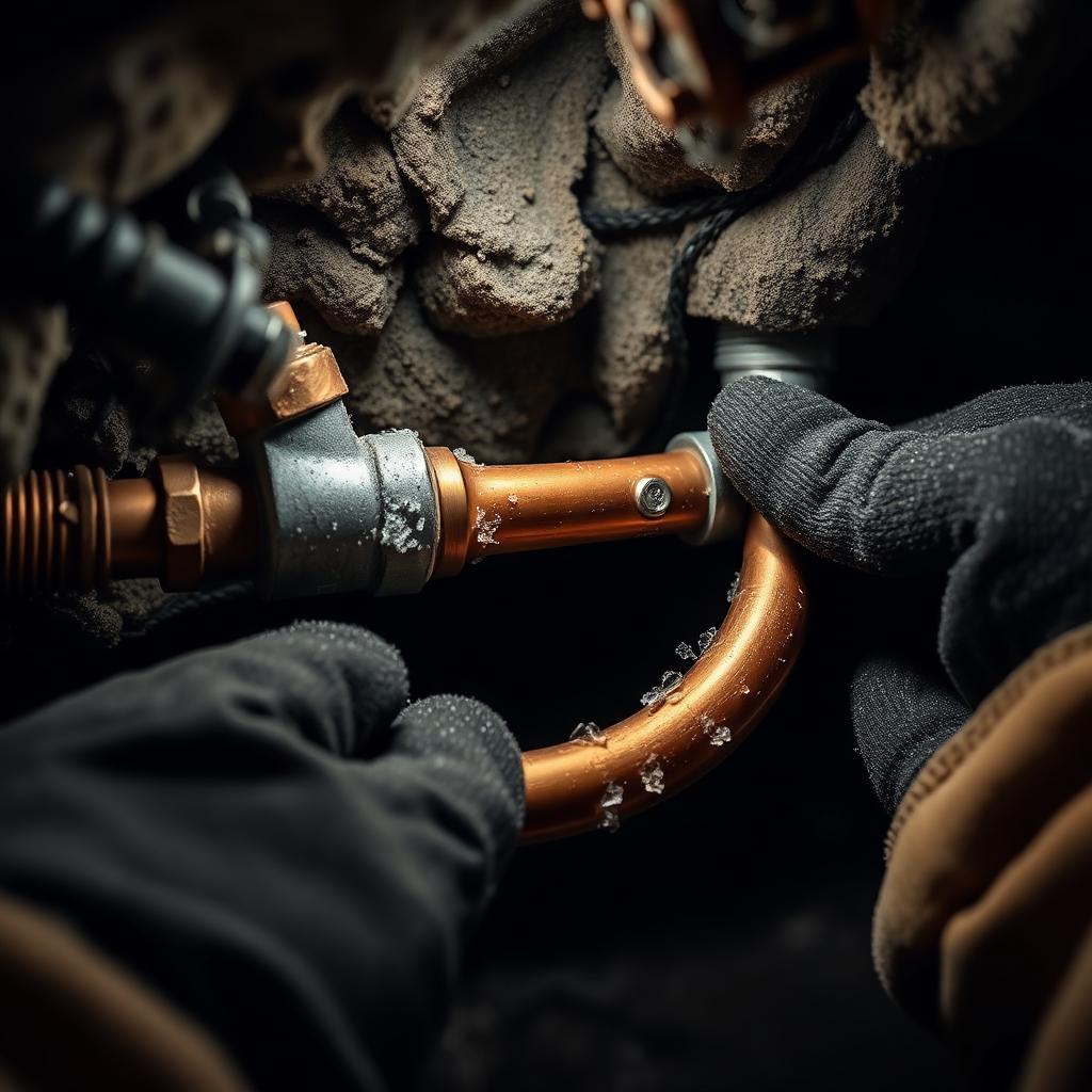Gloved hands repairing a burst copper water line in a cold crawlspace with visible frost