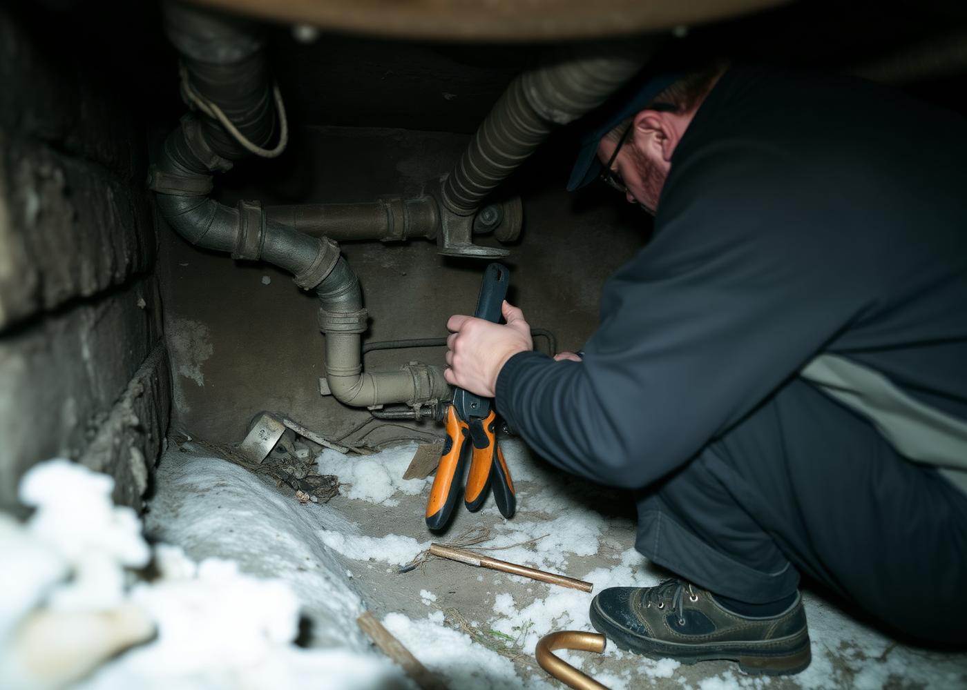 Plumber repairing a burst pipe in a Rochester-area basement during a winter emergency call