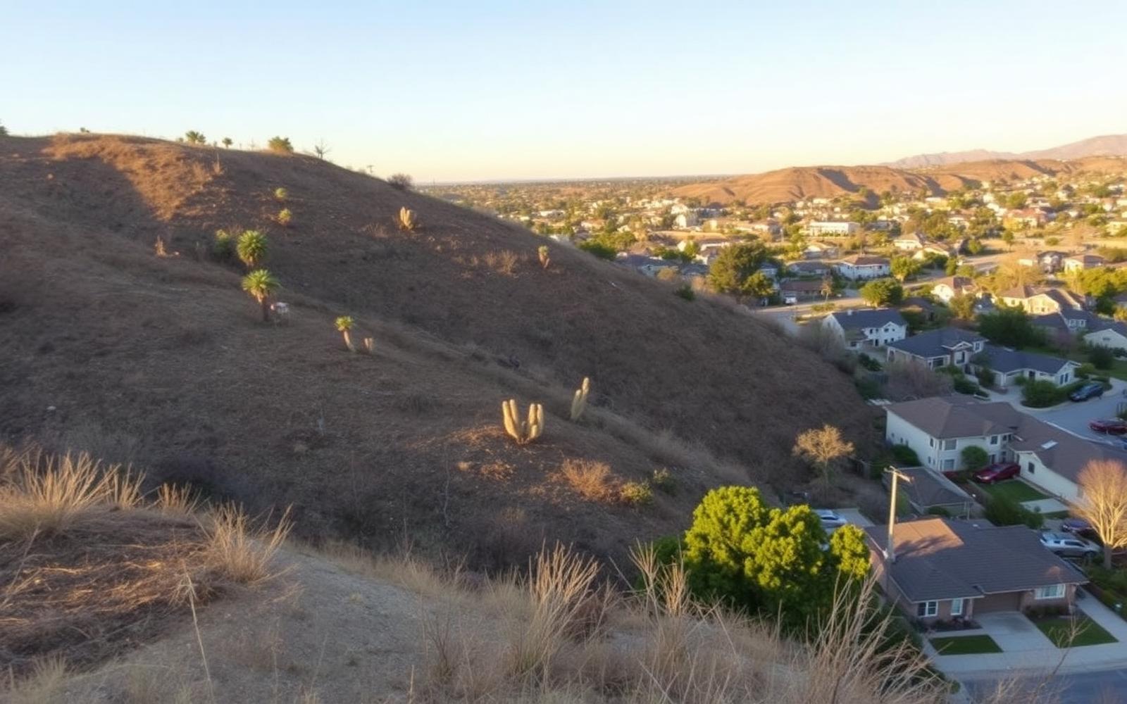 Dry chaparral hillsides above a Los Angeles canyon community during Santa Ana wind season