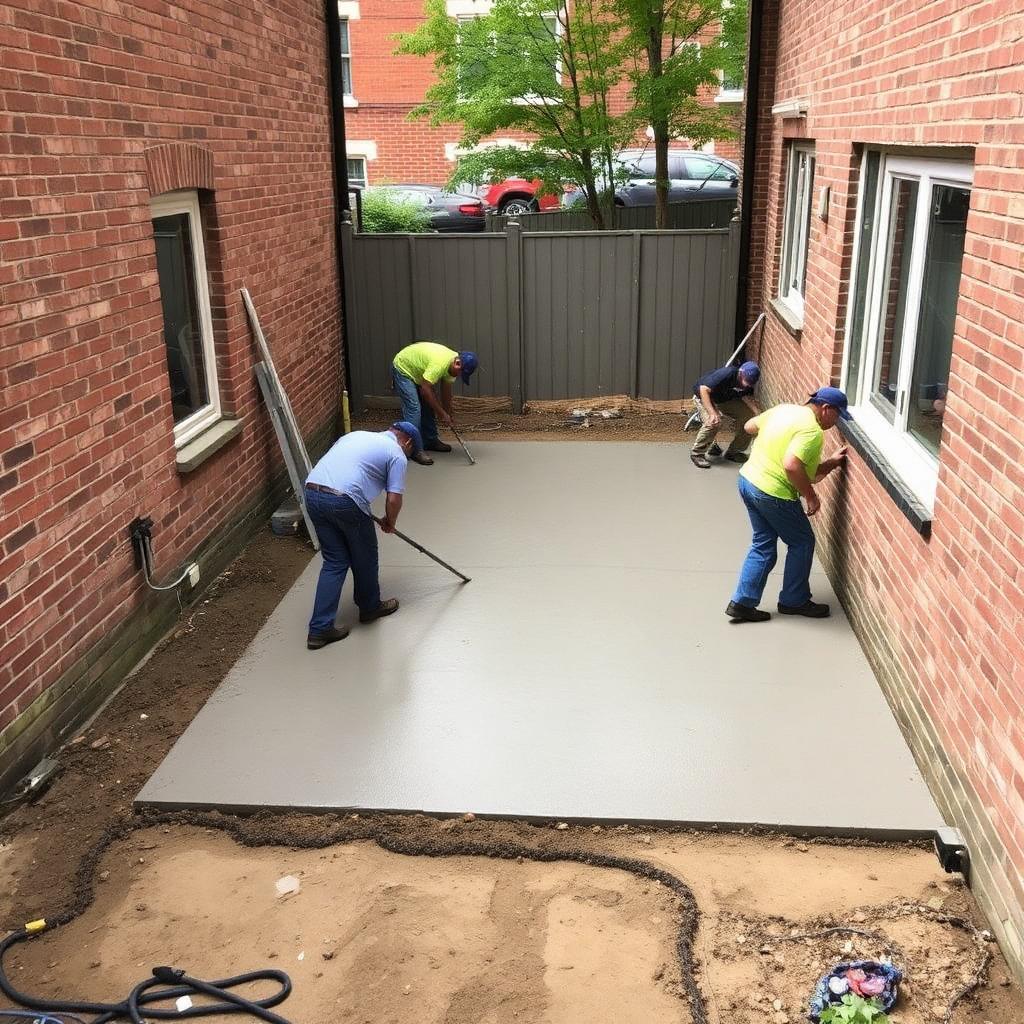 Fresh concrete pour in a tight Philadelphia backyard