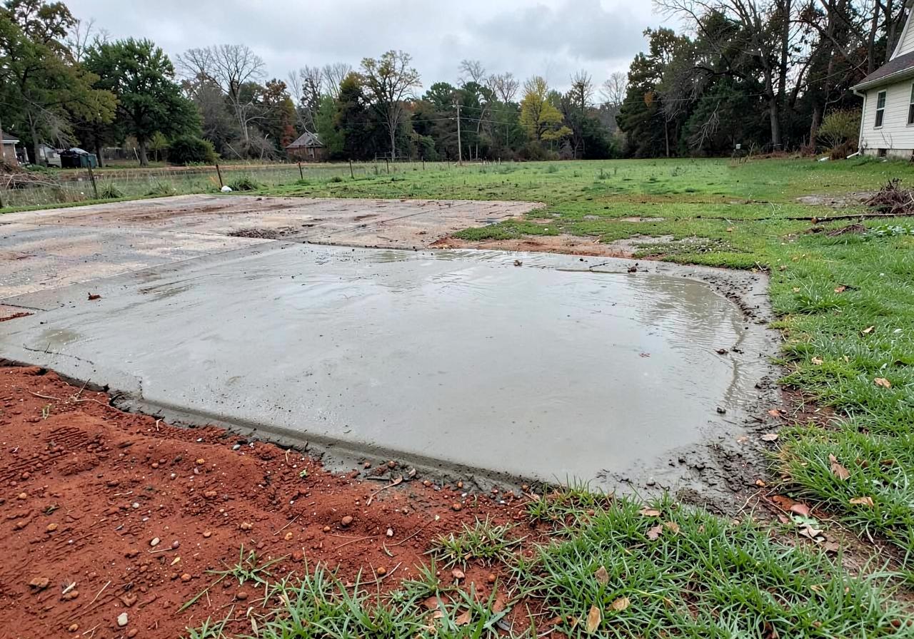 Freshly poured concrete pad curing beside exposed red clay soil and green grass under an overcast sky