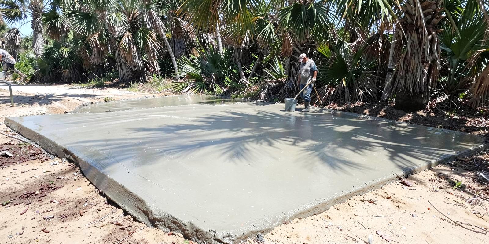Worker floating a freshly poured concrete driveway slab on sandy Lowcountry soil under palmetto shade