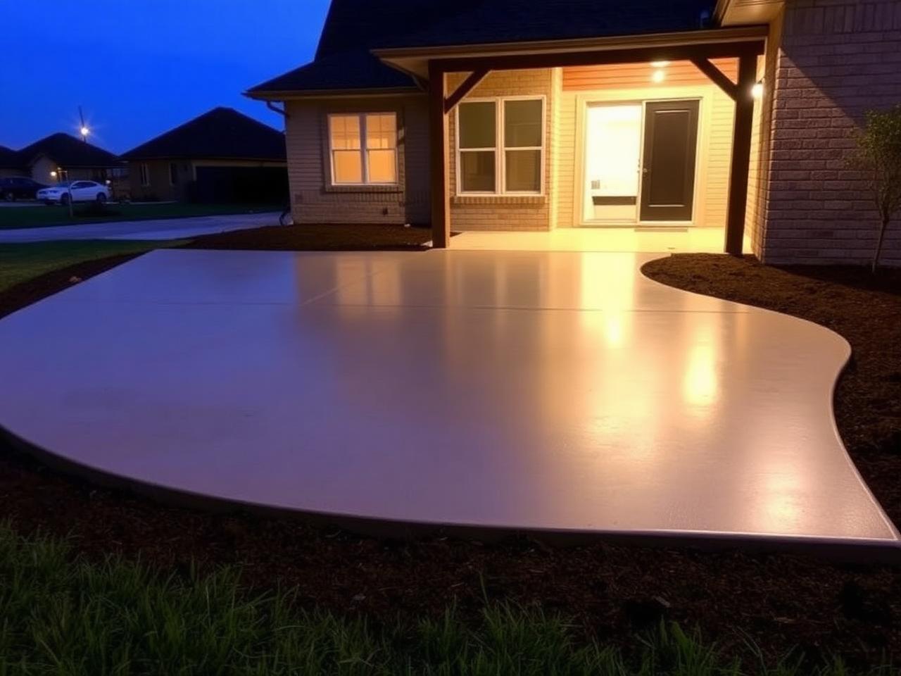 Freshly finished concrete patio slab at dusk beside a San Antonio-area suburban home