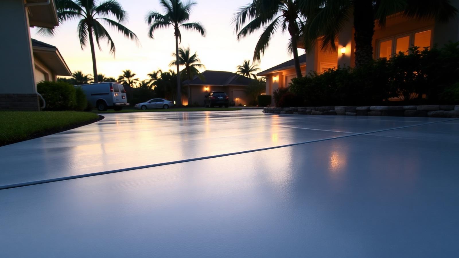 Freshly finished concrete driveway at a Fort Lauderdale home at dusk with palms and warm exterior lighting