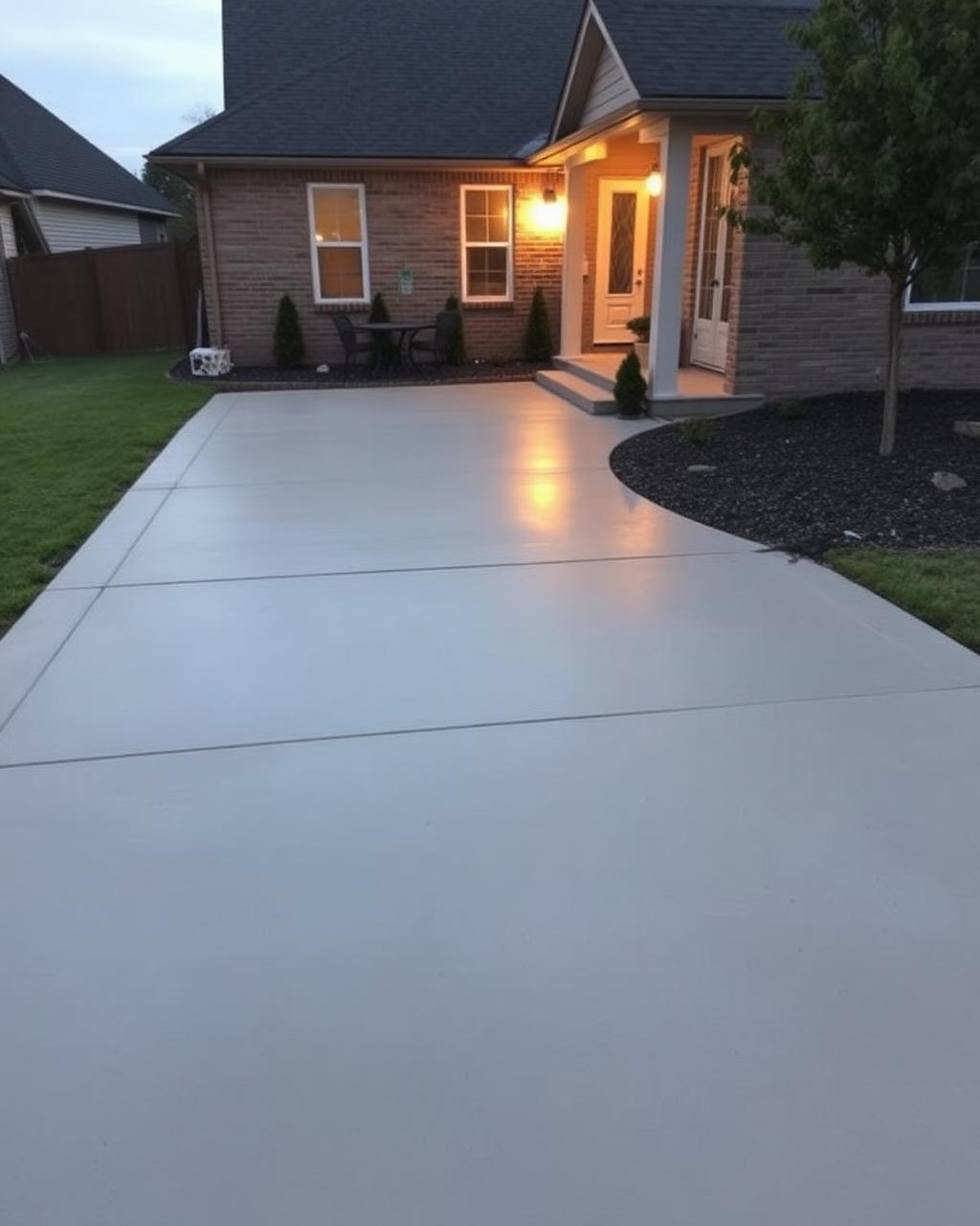 Finished concrete patio slab in a Collin County backyard glowing under dusk landscape lighting