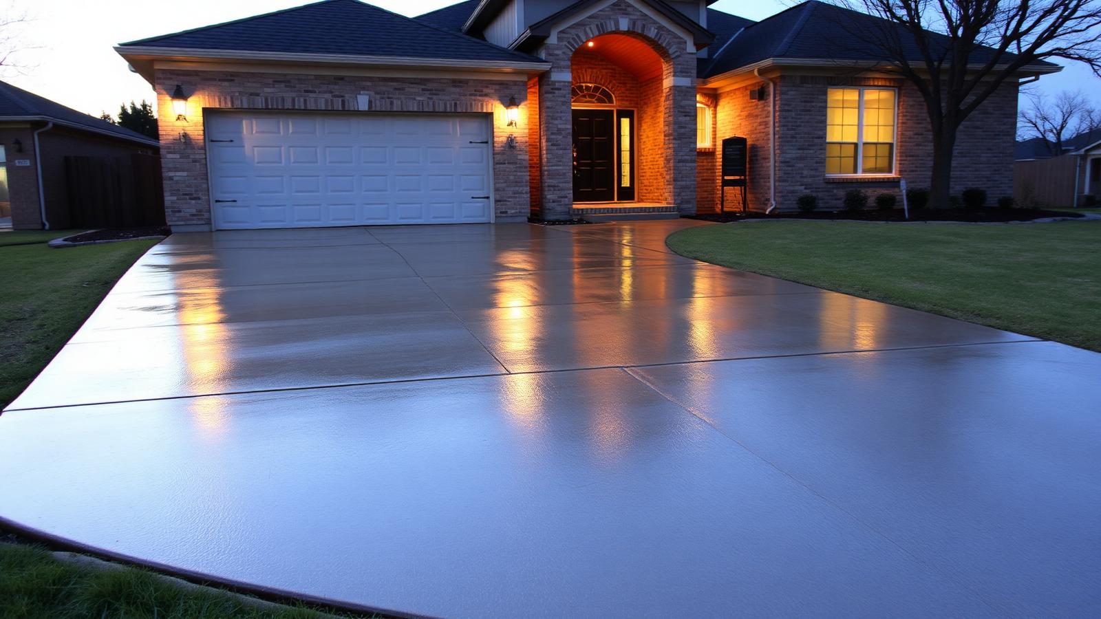 Freshly finished concrete driveway at dusk in front of a Central Texas suburban home