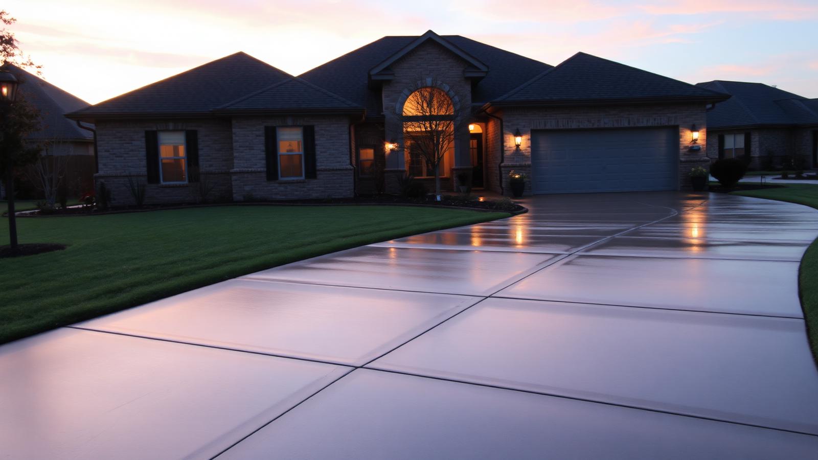 Freshly finished concrete driveway at dusk in front of a Houston-area suburban home