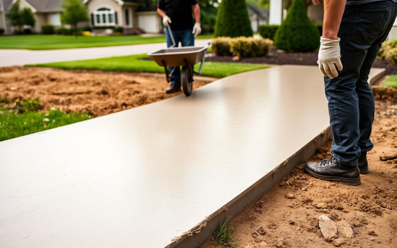 Fresh concrete driveway pour outside a home in Merrick, in the Town of Hempstead, NY