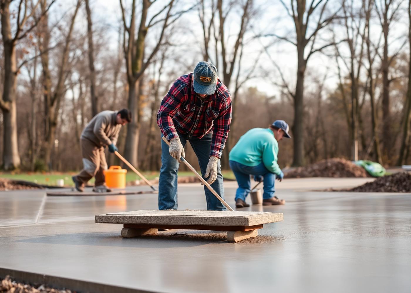 Fresh concrete driveway pour outside a home in Manlius, NY during the short Central New York build season