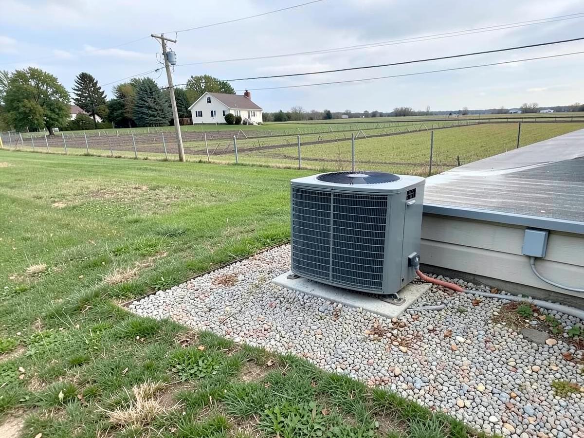 Air conditioning condenser on a gravel pad beside a plain farmhouse with open irrigated fields behind