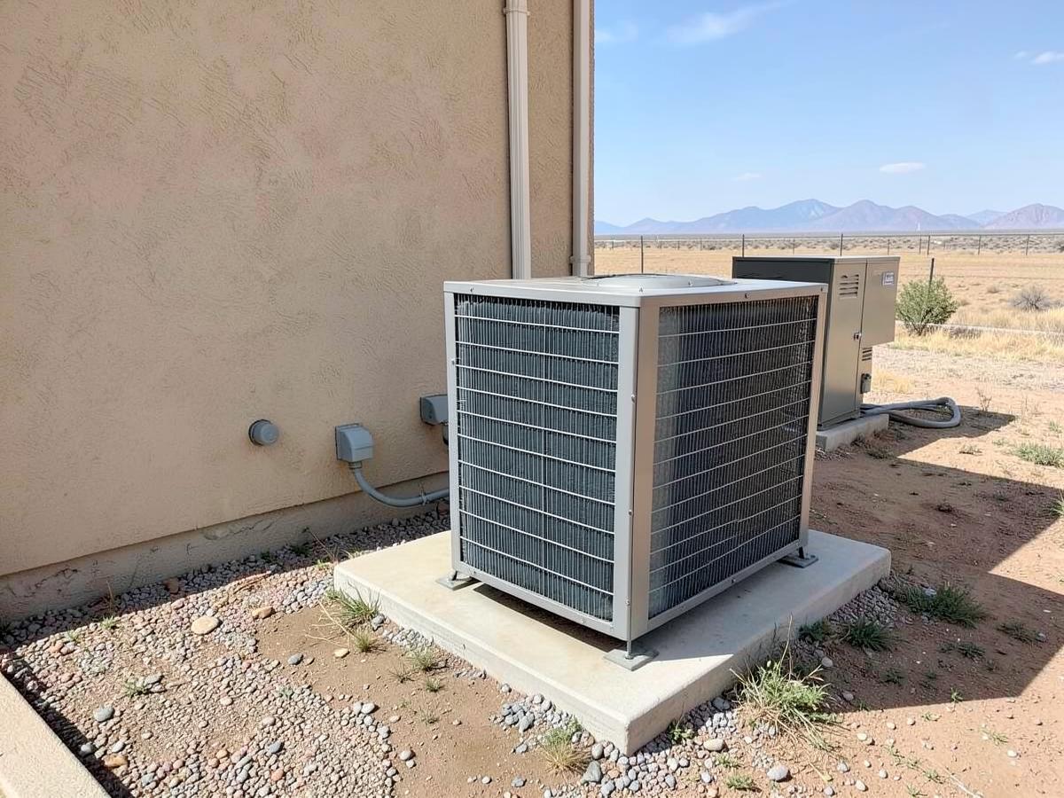 Air conditioning condenser on a concrete pad beside a stucco home in a dry high-plains yard with distant mountains