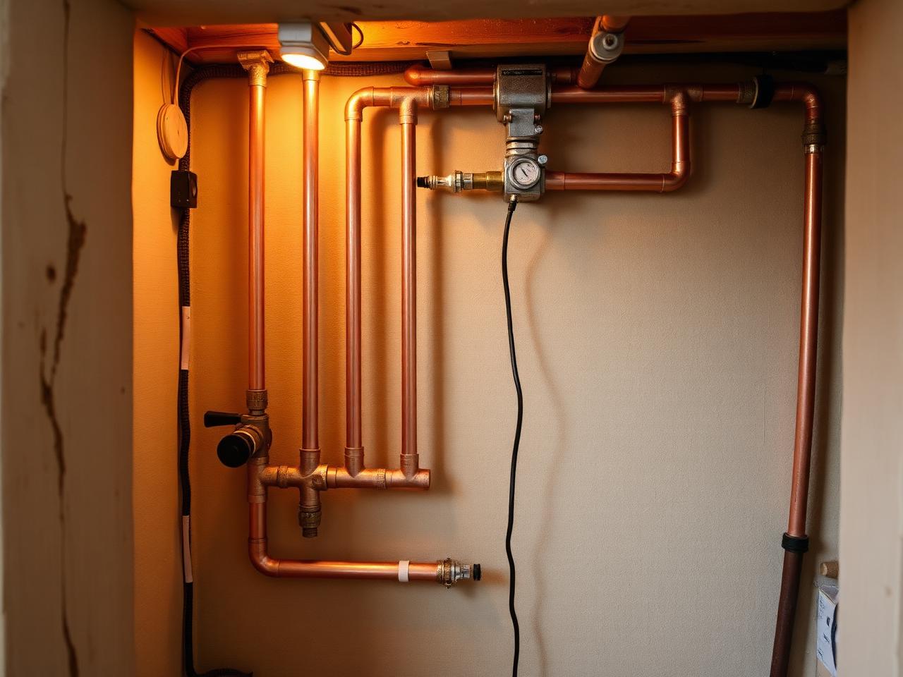 Close-up of new copper repipe plumbing installed in a San Jose home during a premium remodel