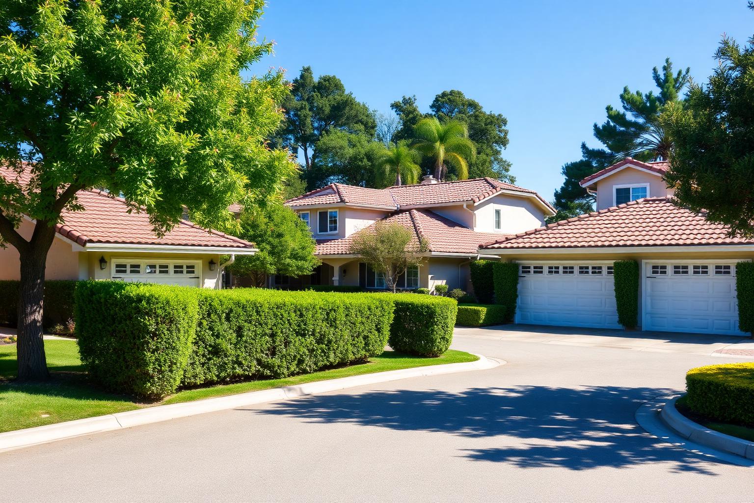 Sun-baked cul-de-sac of 1960s tract homes with backyard pools in West Anaheim at midday