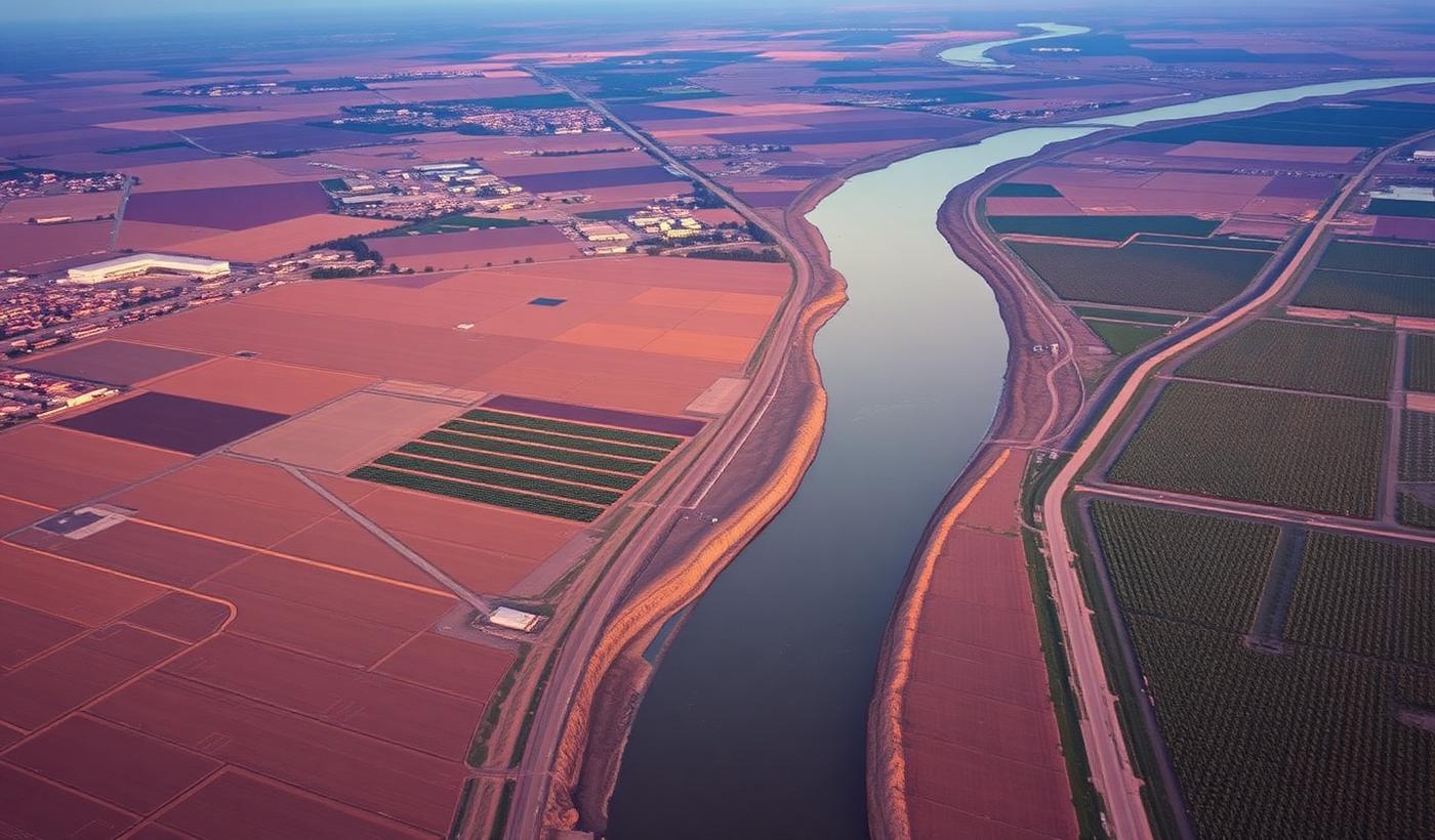 Farmland along the Sacramento River Delta near Yolo County under an evening sky