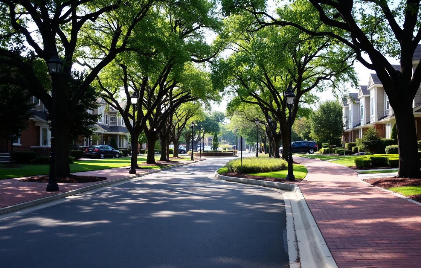Downtown Naperville street near the Riverwalk lined with shops and newer development