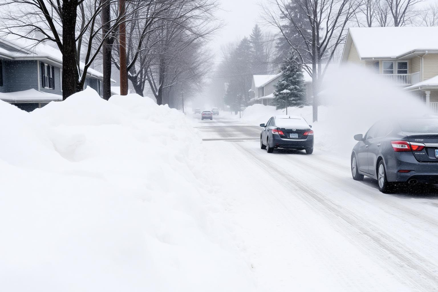 Driveway plow clearing lake-effect snow outside a home in Hamburg, NY during a Southtowns storm
