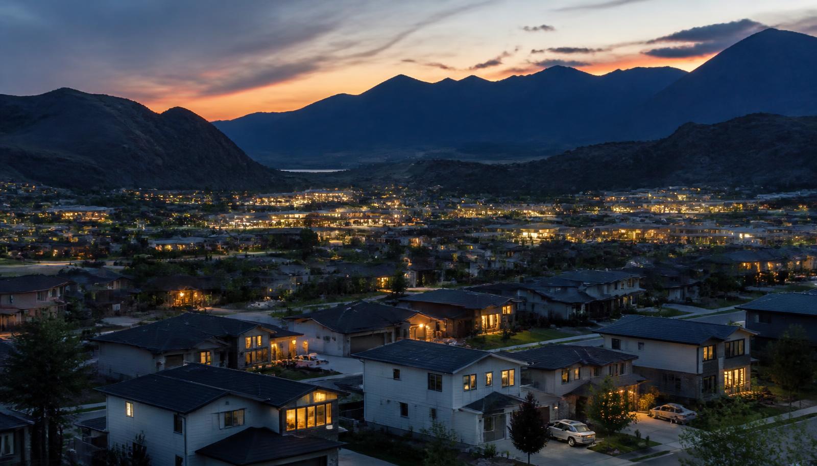 Dusk view over a growing valley town of newer rooftops with lit windows and mountain silhouettes behind
