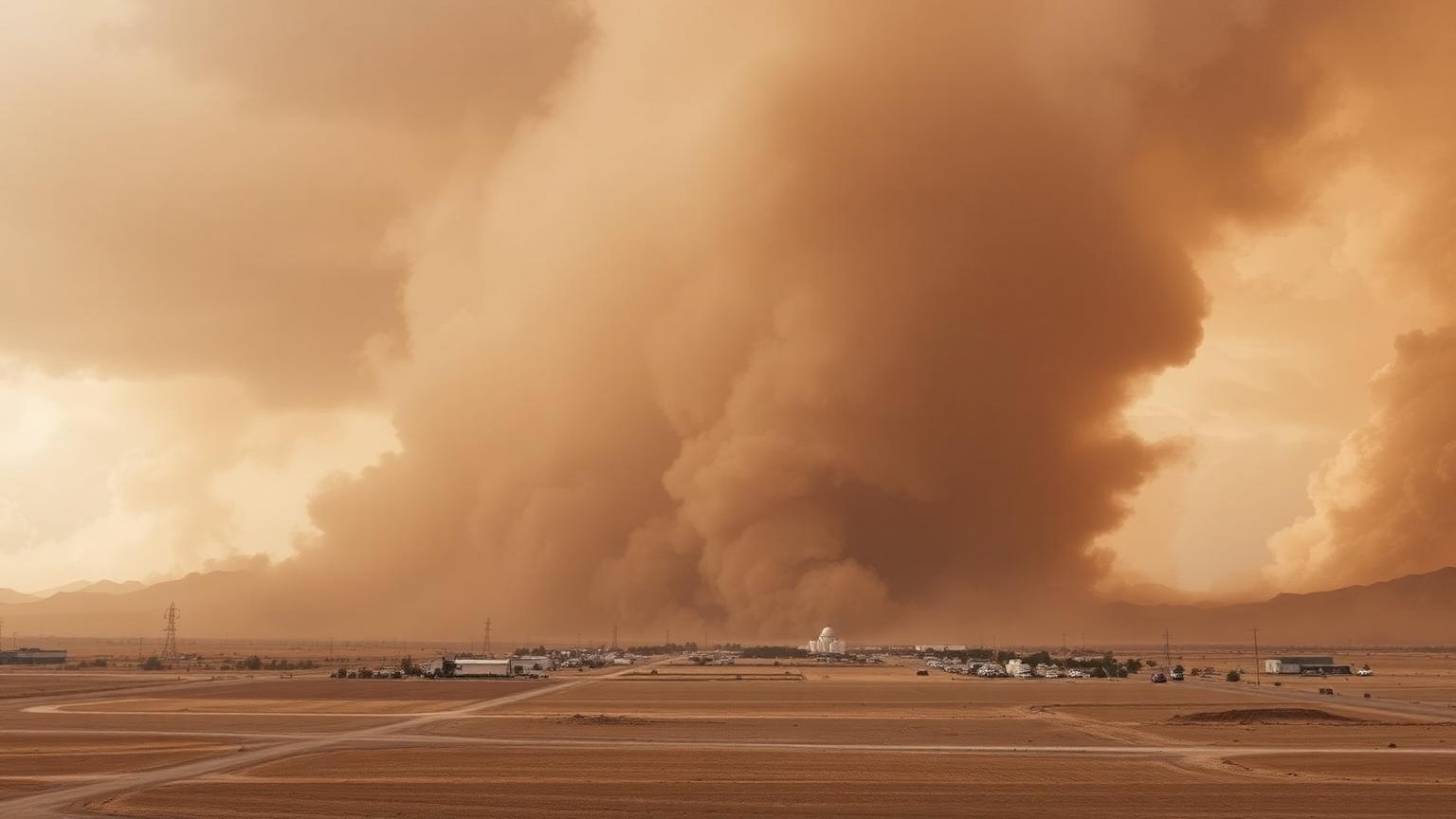 A wall of red dust rolling toward Lubbock across the flat High Plains ahead of a spring storm