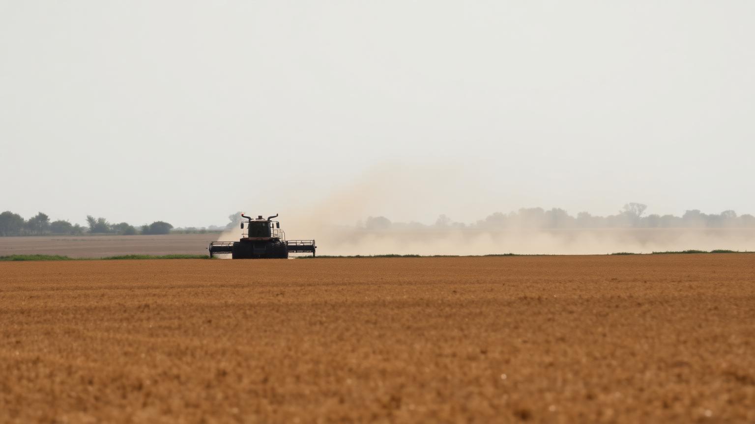 A dusty Fresno County field near harvest time with farmland stretching toward the horizon