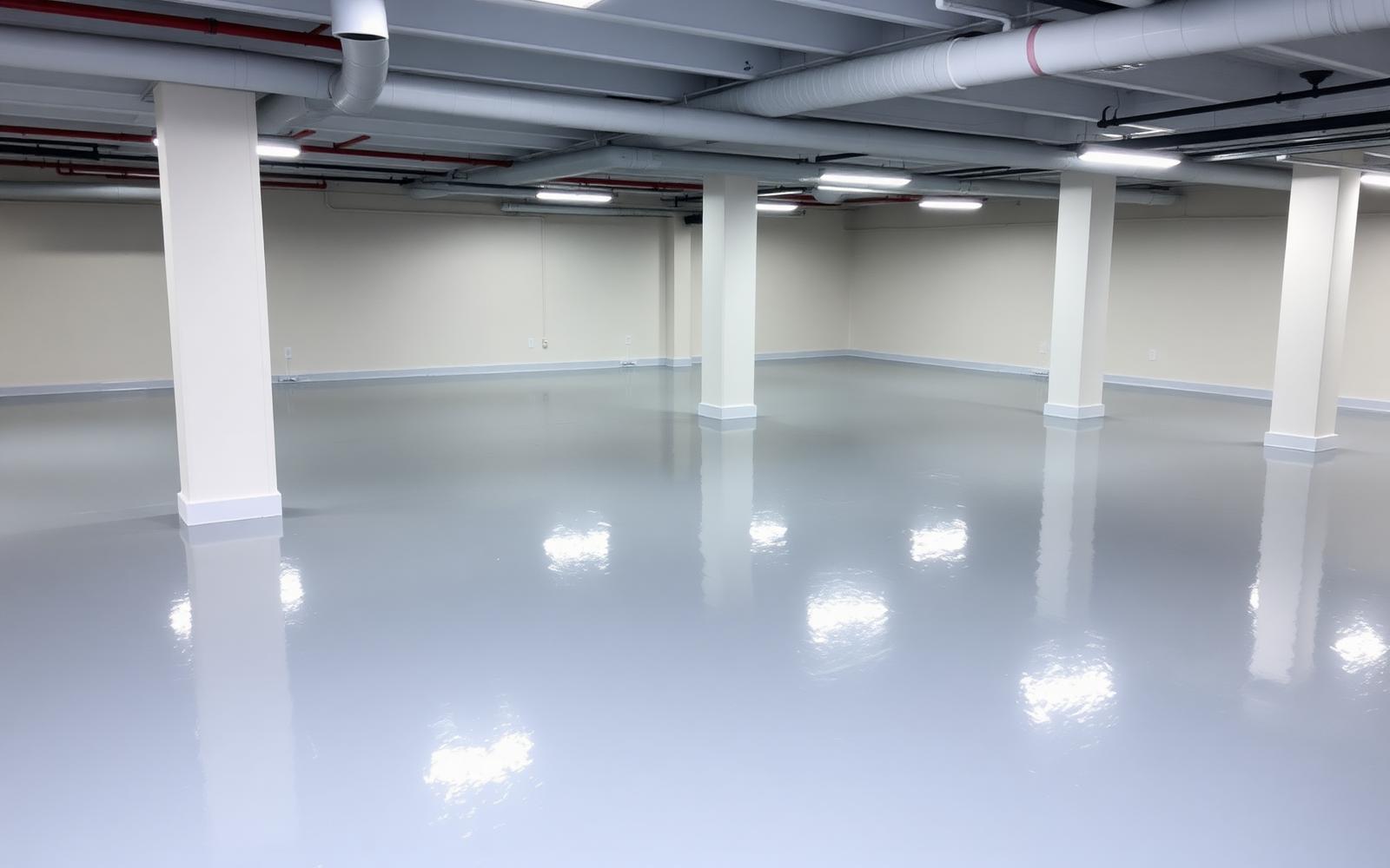 Freshly finished epoxy flooring in a New York City building's basement mechanical room