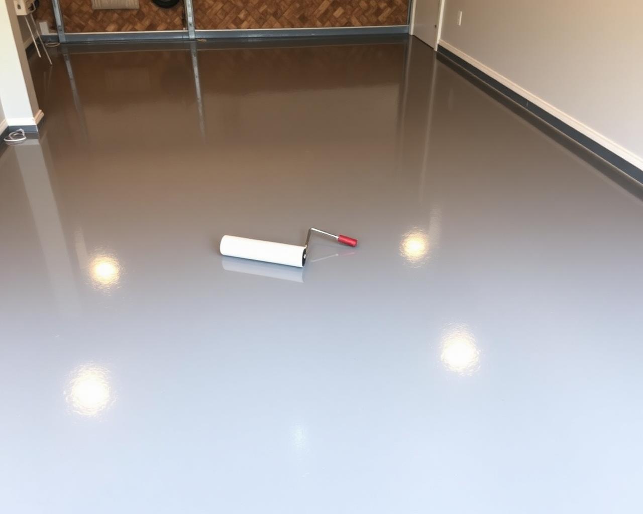 Freshly finished epoxy garage floor in an Amherst, NY home during the summer build season