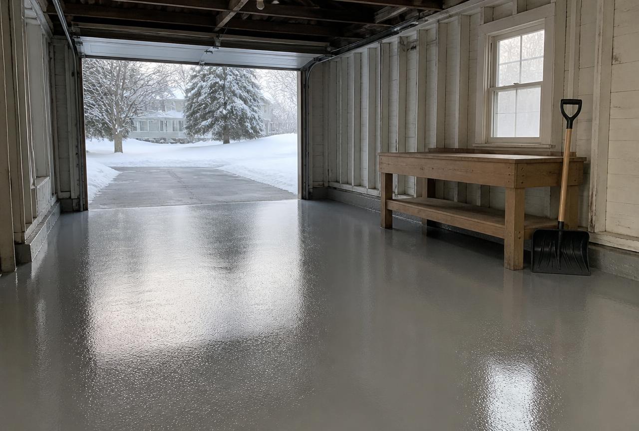 Newly finished epoxy garage floor in a Colonie, NY home during the spring build season