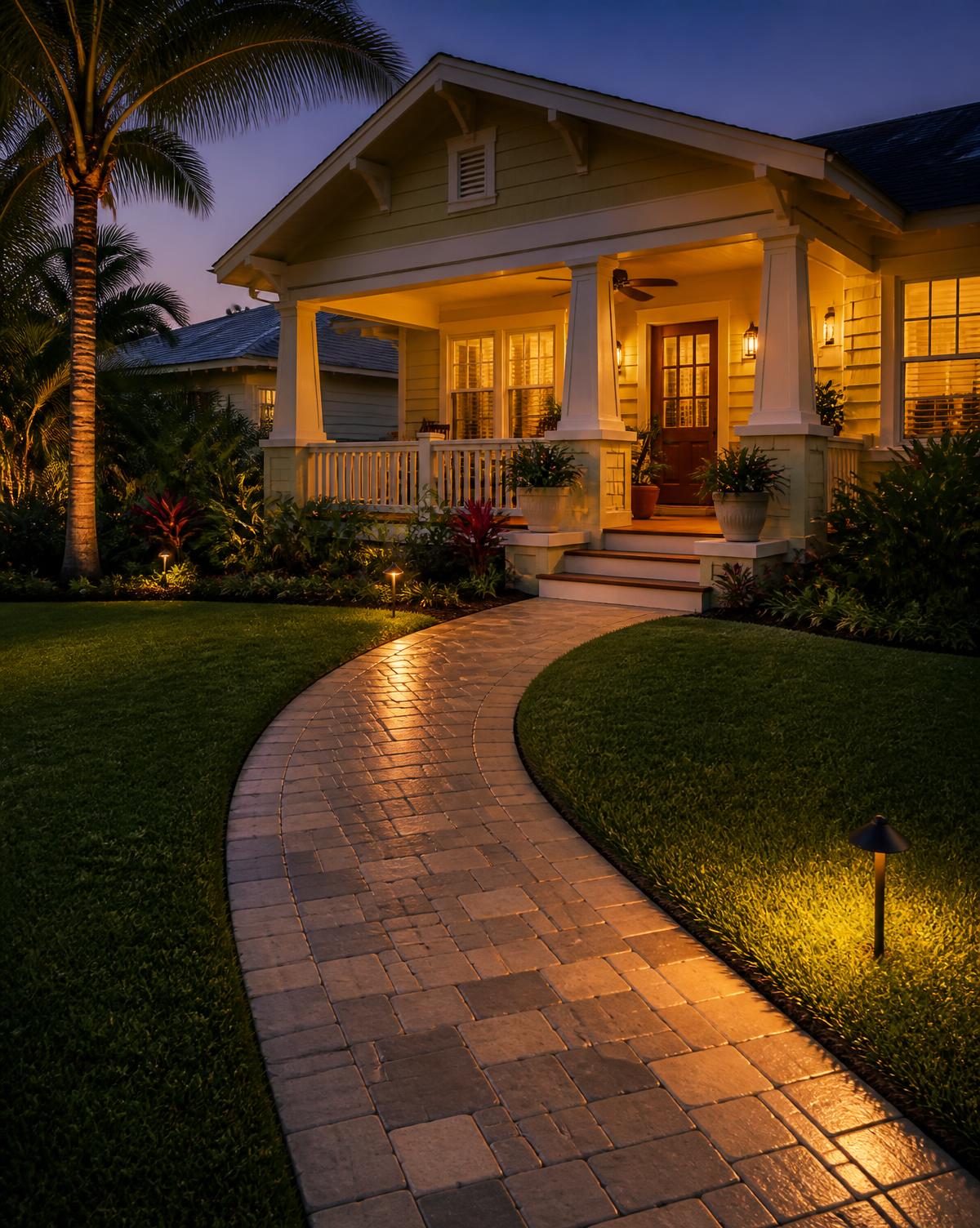Porch light glowing over a freshly laid paver walkway at a St. Petersburg bungalow at dusk