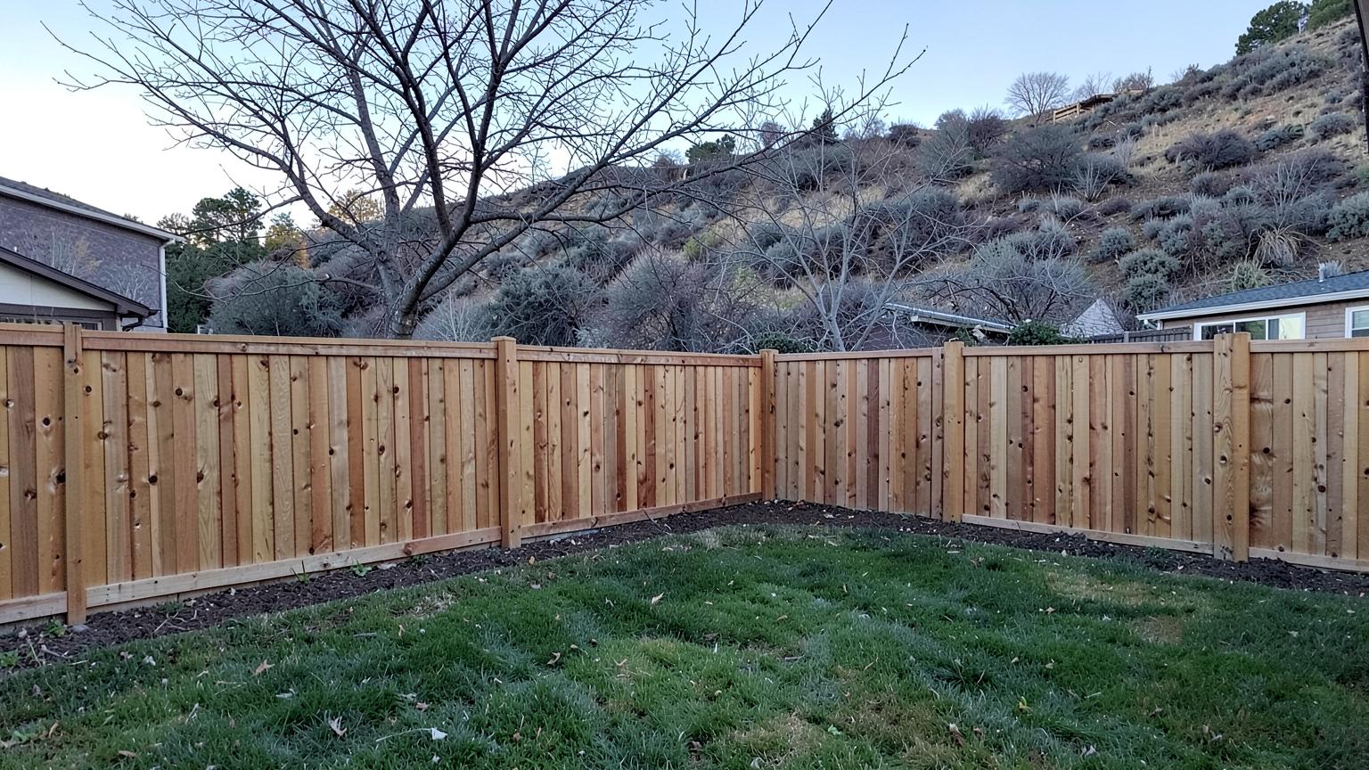 New cedar privacy fence enclosing a backyard with dry sagebrush hills rising behind it