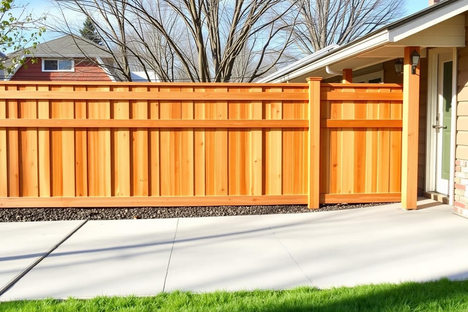New cedar privacy fence and fresh concrete walkway beside a modest older home