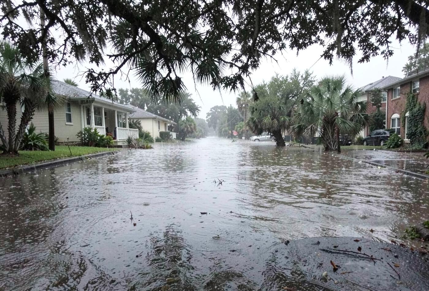 Rainwater pooled deep across a residential street beneath large moss-draped trees during a heavy coastal downpour
