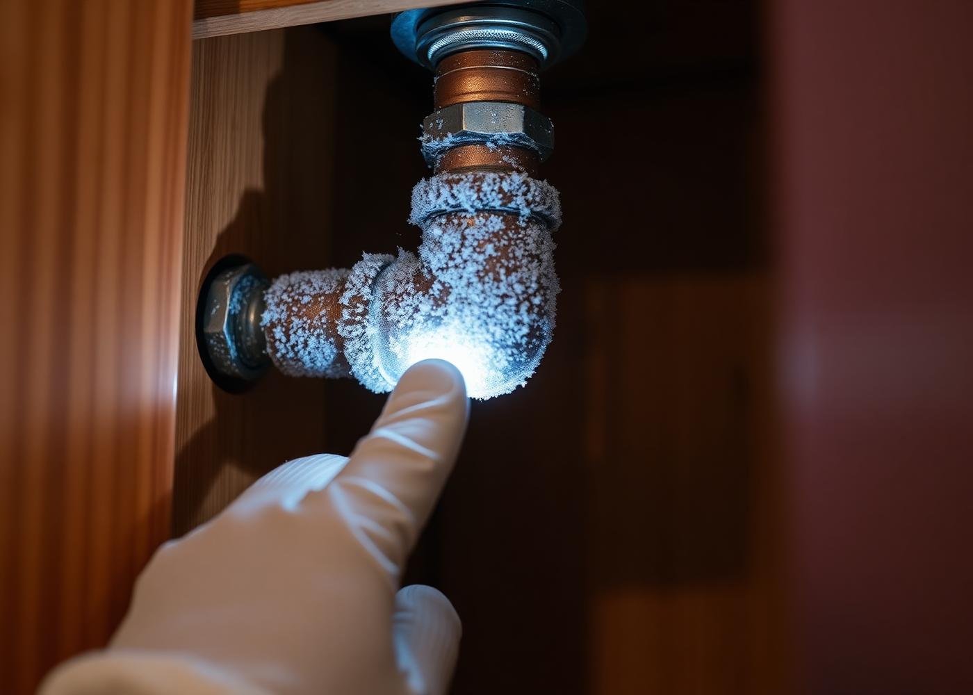 Plumber inspecting a frozen supply line in a pre-war Yonkers building basement during a cold-snap emergency call