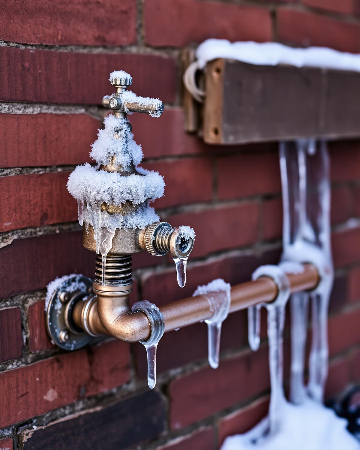 Frozen exterior pipe fitting on an older Ogden home in winter