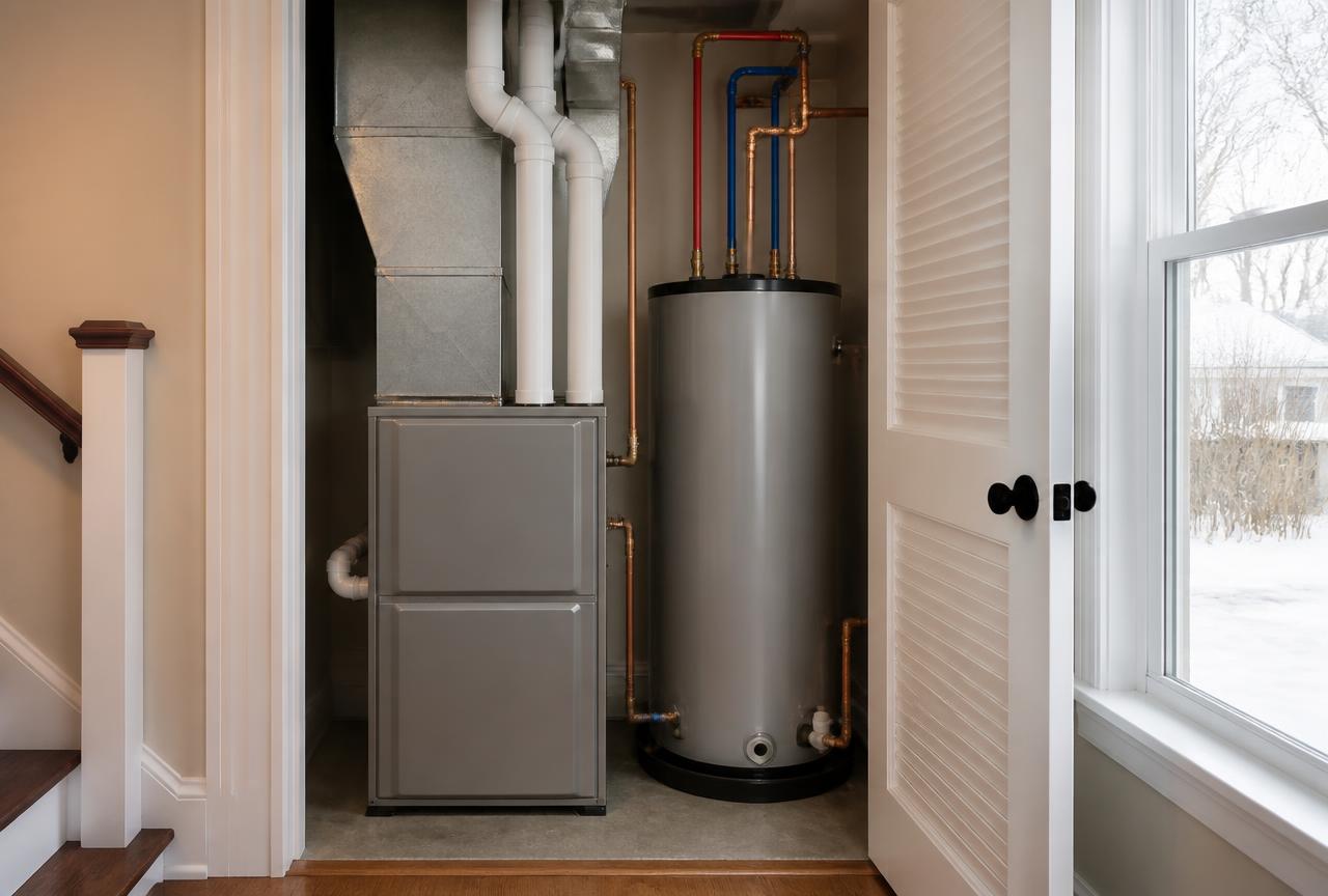 Technician replacing an aging furnace in the basement of an older Albany-area home during winter