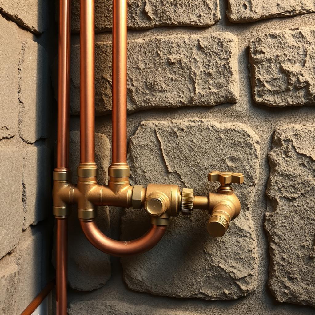New copper supply pipes and brass shutoff valves mounted against an old stone basement wall