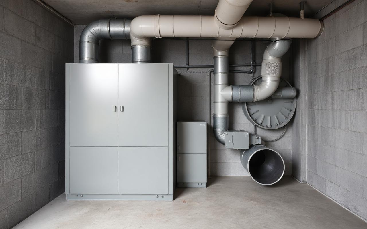 Plain grey furnace cabinet and round sheet-metal ducts in an empty concrete basement corner