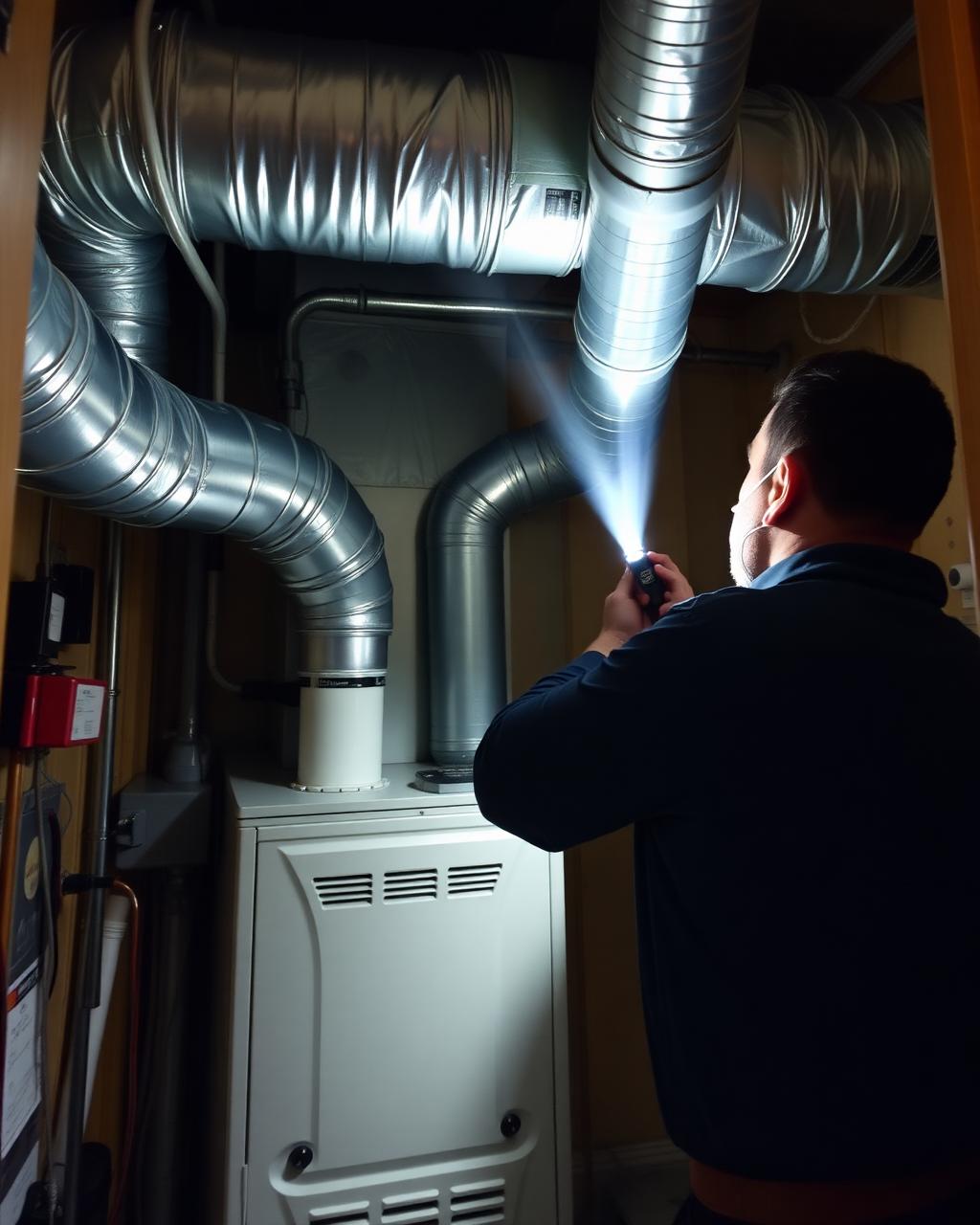 Technician repairing a furnace in a Buffalo-area basement during a winter no-heat emergency