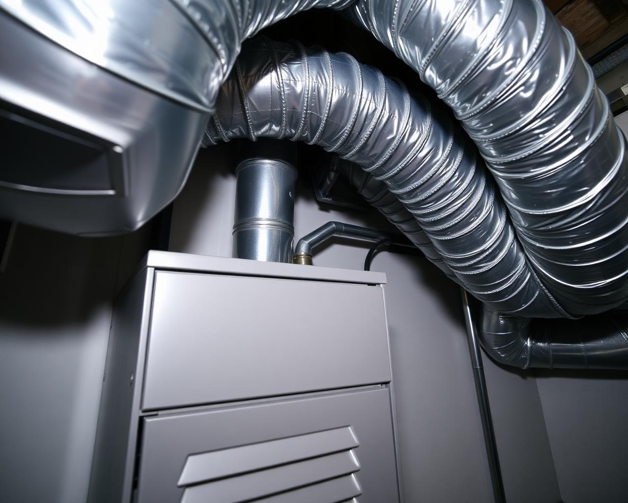 Technician inspecting a furnace in a cramped multi-unit building basement mechanical room in Chicago