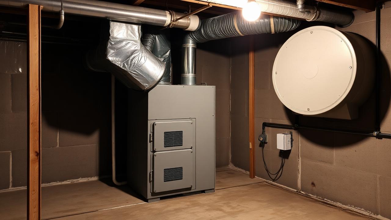 Basement mechanical corner with an older gas furnace and sheet metal ductwork under a bare bulb