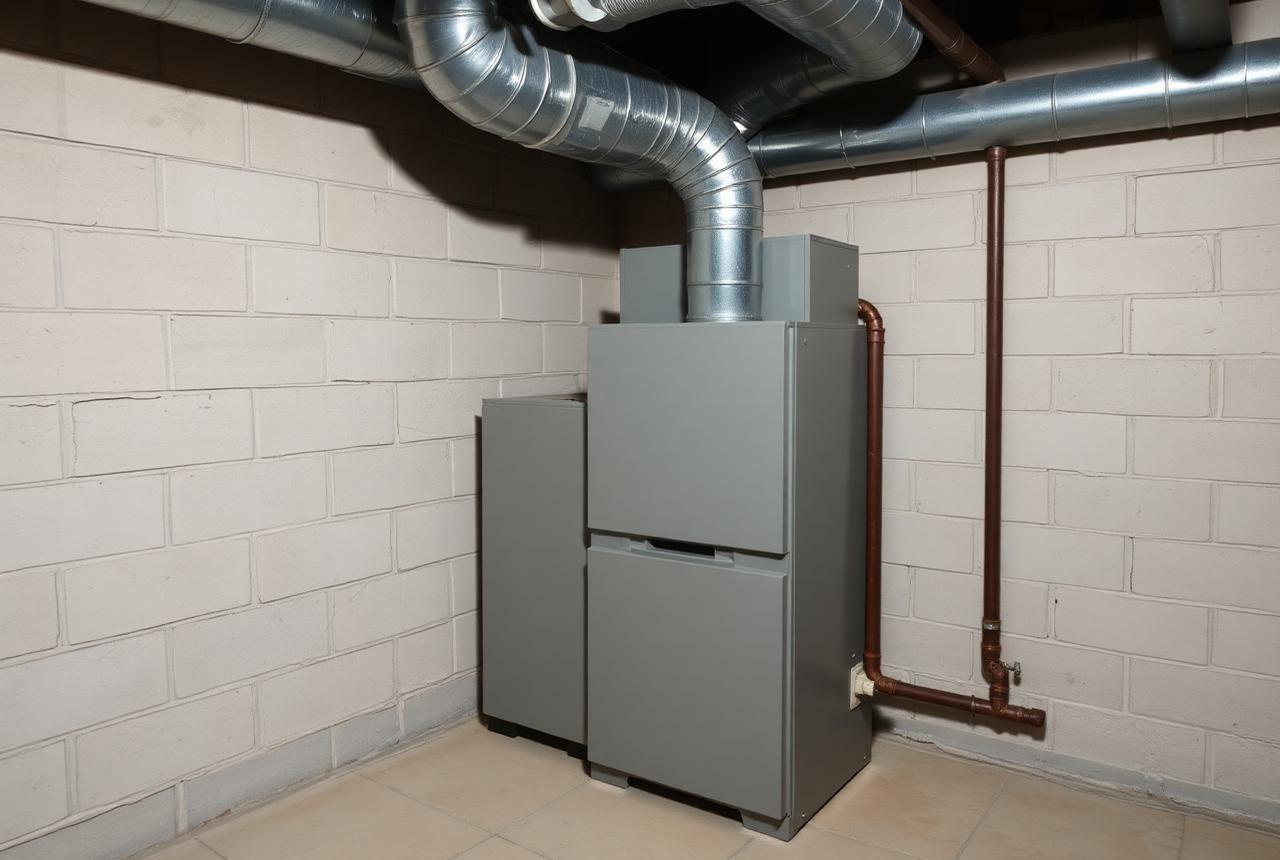 Plain grey gas furnace in an older basement corner with galvanized ductwork overhead and a painted block wall