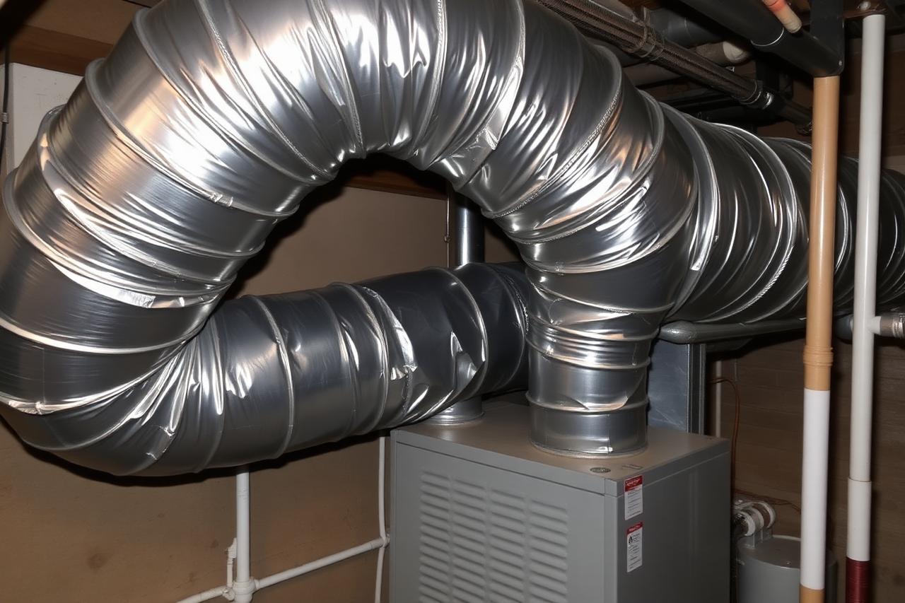 Insulated ductwork and a home heating unit in a dim older basement