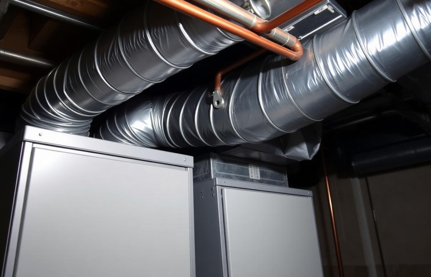 Technician kneeling beside an open furnace cabinet in a cluttered basement utility area