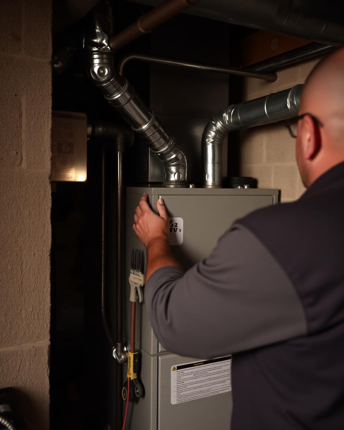 Technician kneeling beside an open furnace cabinet in a home mechanical room, tools laid out on the floor