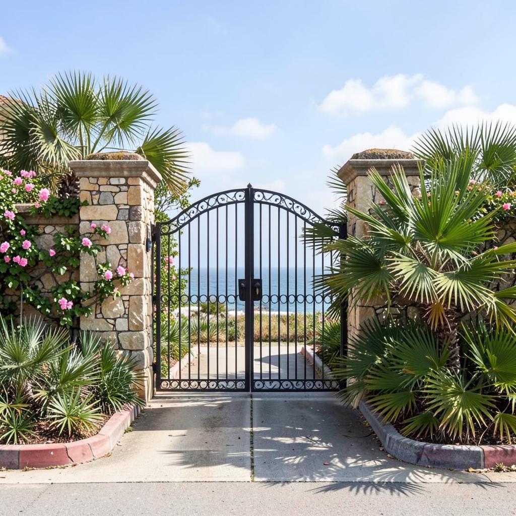 Stone-pillared entrance gate to a gated coastal residential community with palmetto planting