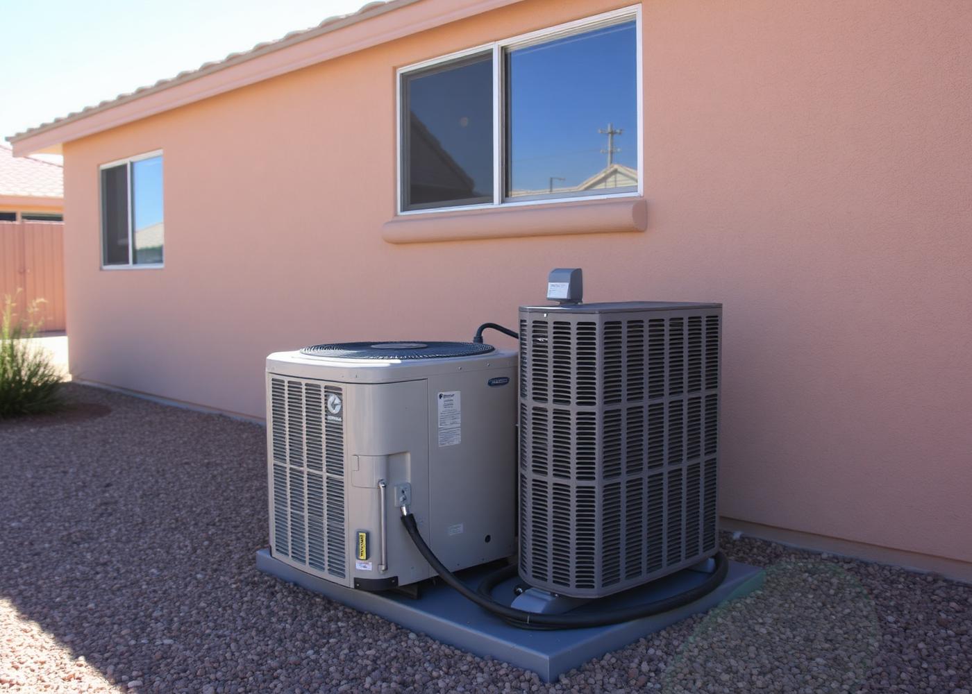 Dust-caked residential AC condenser unit against a stucco wall under harsh El Paso desert sun