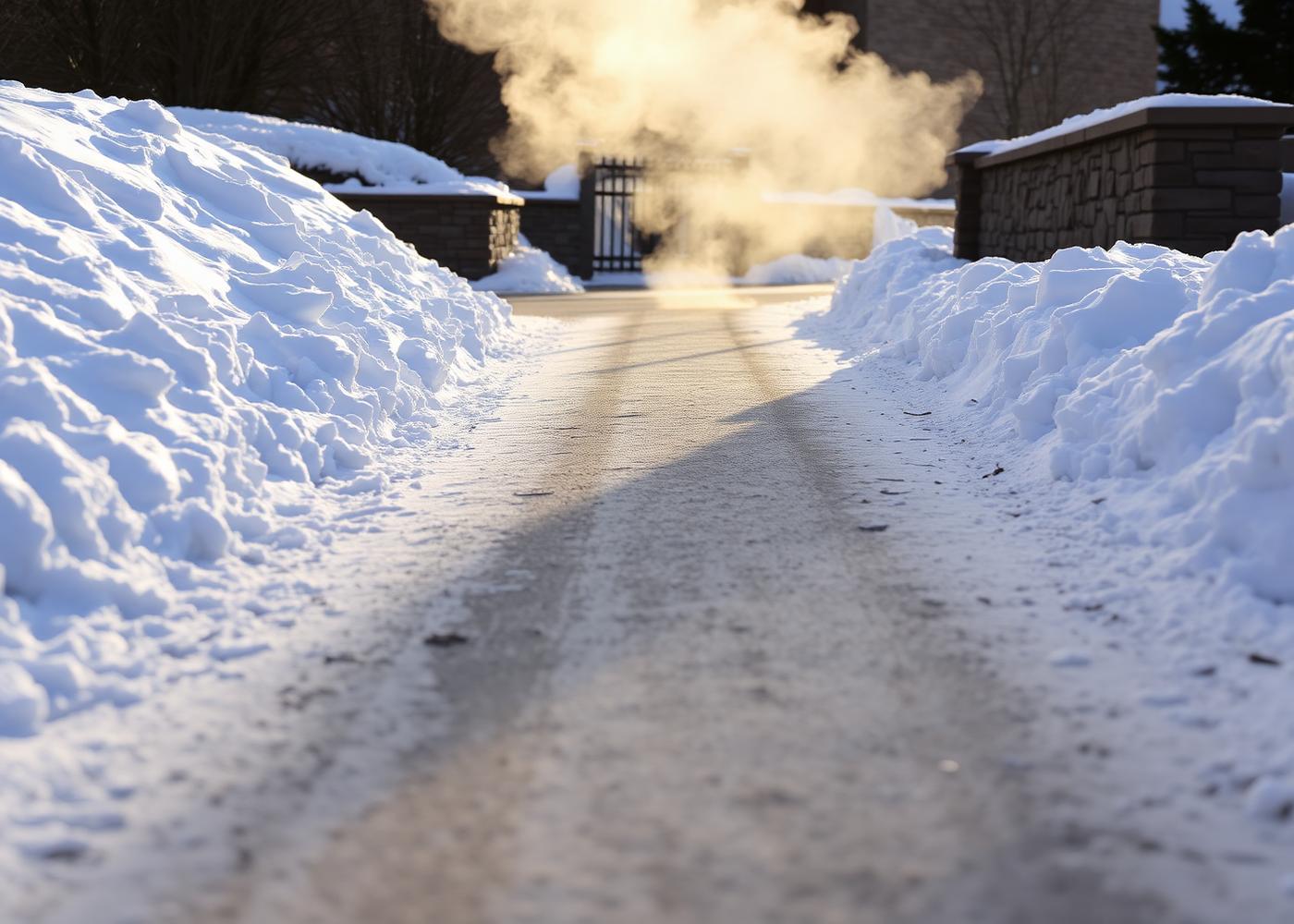 Wide driveway cleared down to bare pavement with steam rising between tall snowbanks
