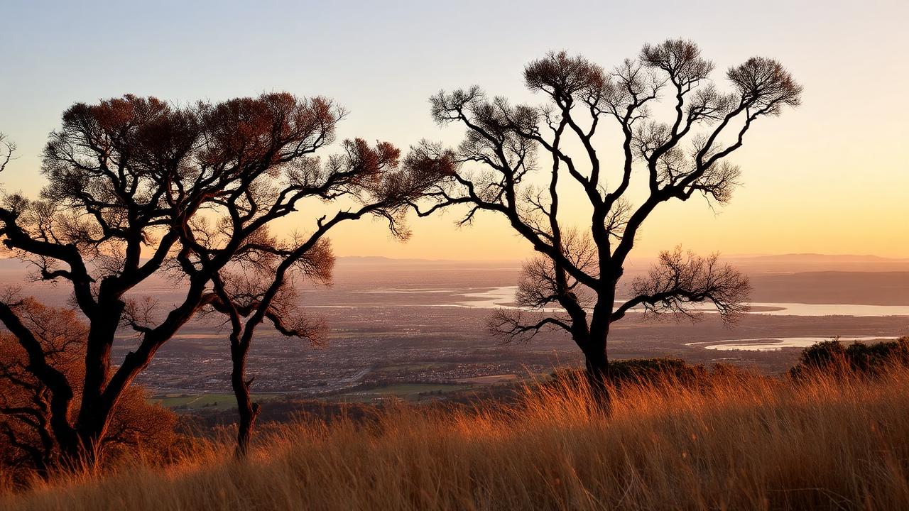 View from the Oakland hills above Montclair over the East Bay flatlands at golden hour